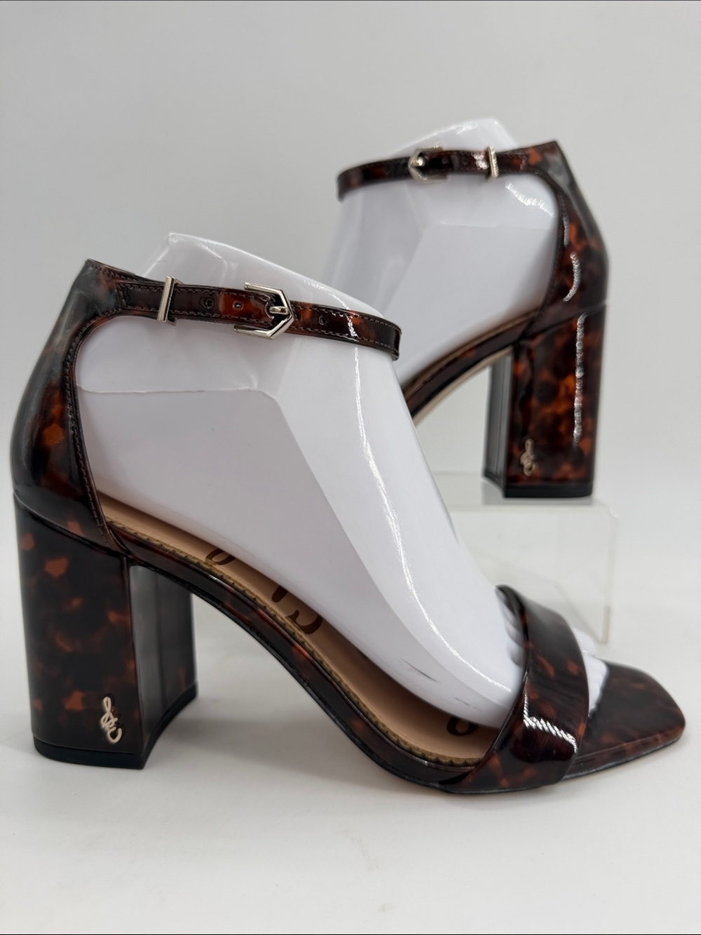 Sam Edelman Yaro Tortoise Patent Block Heel Sandals Black Brown Size 7.5 Women's